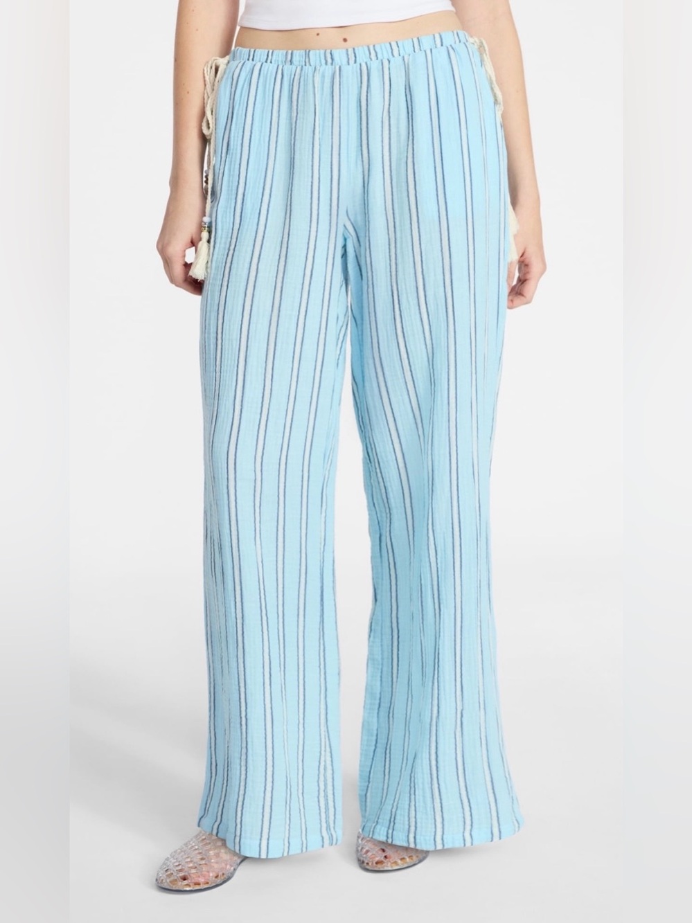 No Boundaries Cotton Gauze Side Tie Beach Striped Wide-Leg Pants Women's Large